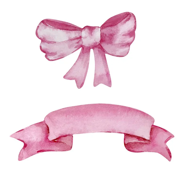 Waterkleur Roze Lint Banner Strik Voor Uitnodiging Kaart Ontwerp — Stockfoto