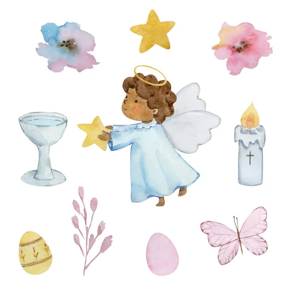水彩イースターは 春のデザイン招待状やカードのための赤ちゃん天使を設定します — ストック写真