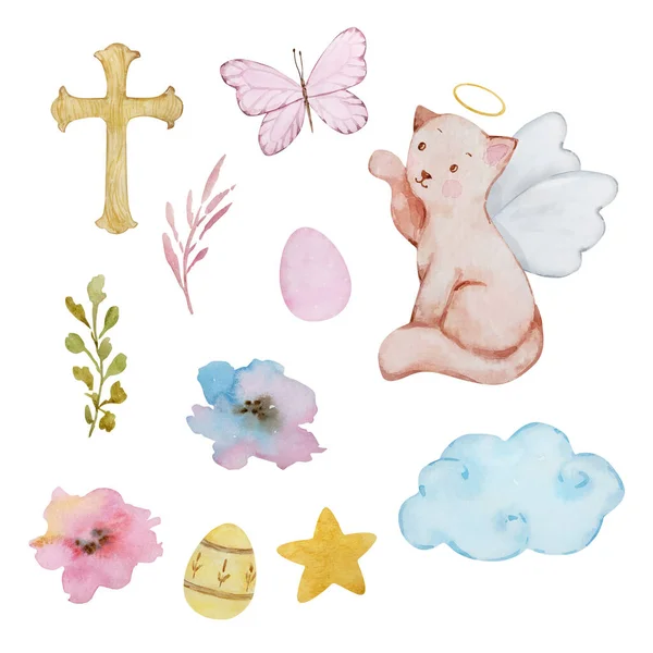 Akvarelové Velikonoční Set Baby Andělé Pro Jarní Design Pozvánky Karty — Stock fotografie
