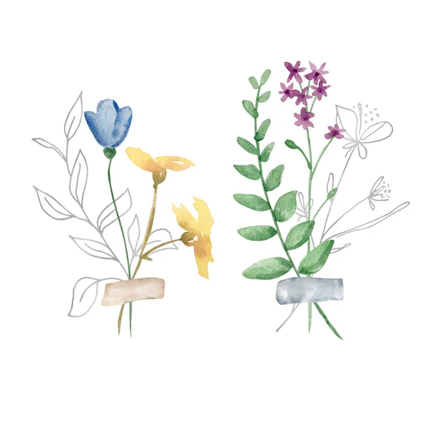 ワイルドフラワーの水彩花束 カードや招待状のイラスト — ストック写真