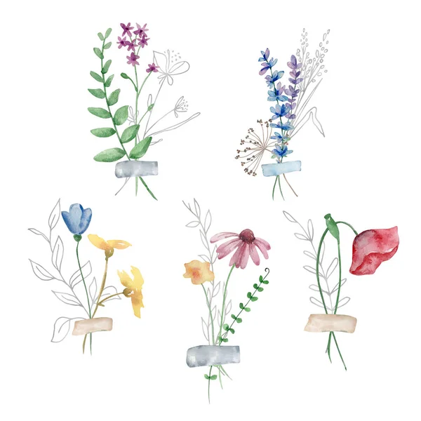 Akwarelowy Bukiet Dzikich Kwiatów Ilustracja Dla Kart Zaproszeń — Zdjęcie stockowe