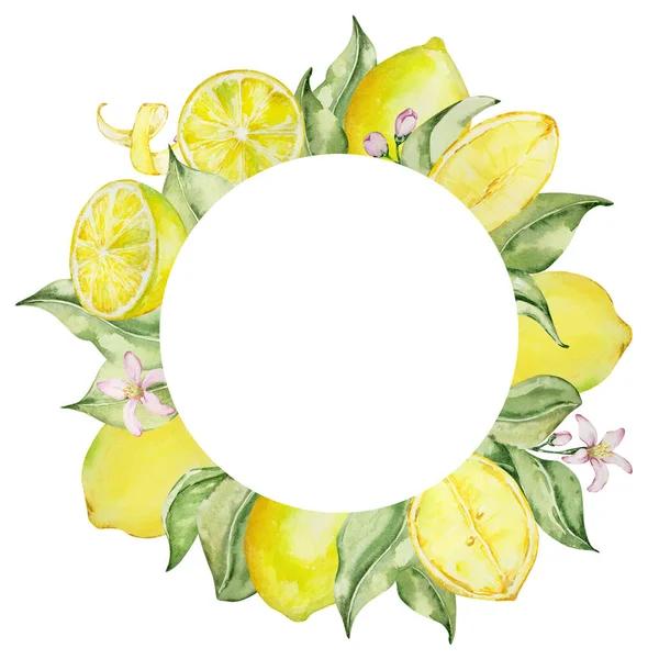 Στρογγυλό Πλαίσιο Από Λεμόνια Ακουαρέλα Λουλούδια Και Φύλλα Για Σχεδιασμό — Φωτογραφία Αρχείου