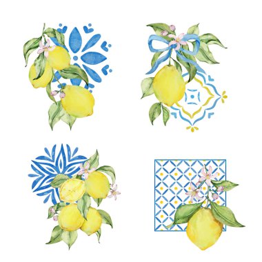 Suluboya sulu limon ve yapraklar, tasarım için Akdeniz çizimi