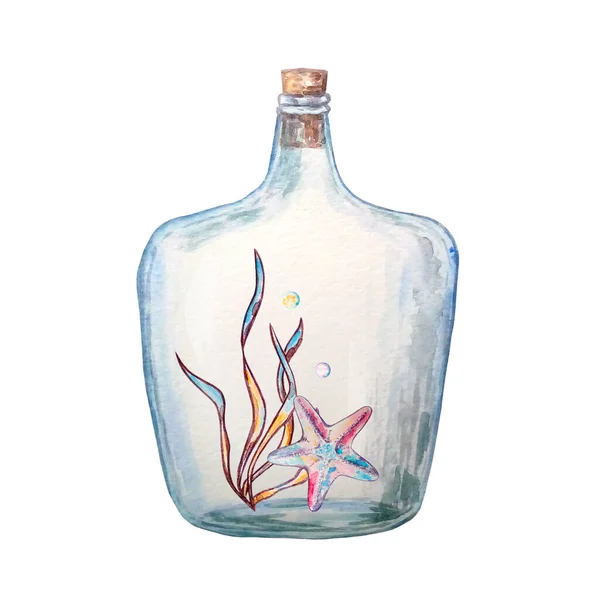 デザインと印刷のためのガラス瓶の水中生活の水彩カラフルなイラスト — ストック写真