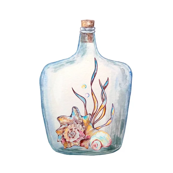 Acuarela Colorida Ilustración Vida Bajo Agua Una Botella Vidrio Para — Foto de Stock