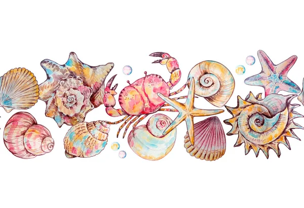 Seamless Border Watercolor Seashells Underwater Life Elements Design Print — 图库照片