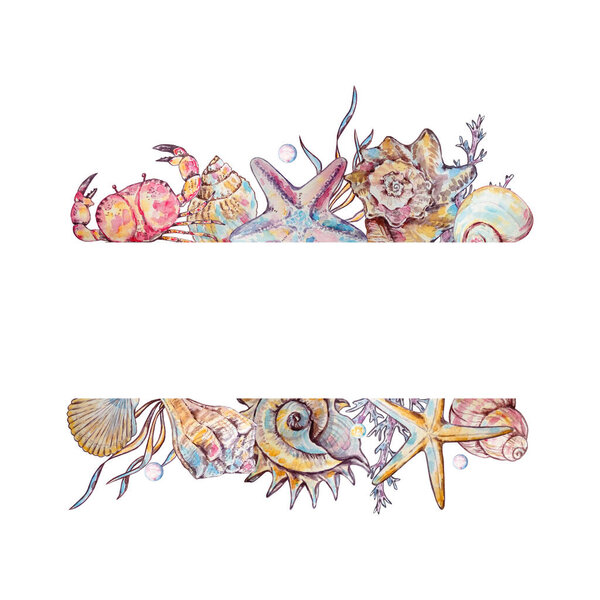 Frame banner of watercolor seashells and underwater life elements for design and print