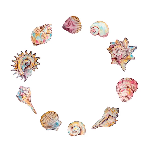 Wreath Watercolor Seashells Underwater Life Elements Design Print — Stock Photo, Image