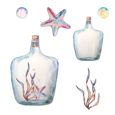 Tasarım ve baskı için cam bir şişede su altı yaşamının suluboya çizimi