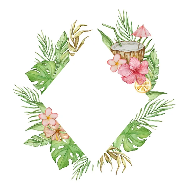 Rhombus Ram Akvarell Tropiska Blommor Och Blad För Inbjudan Design — Stockfoto