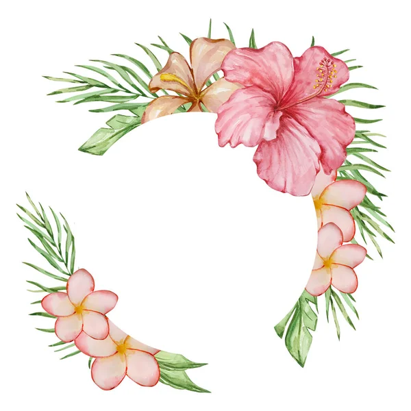 Runder Rahmen Aus Tropischen Aquarellblumen Und Blättern Für Einladungsdesign Und — Stockfoto