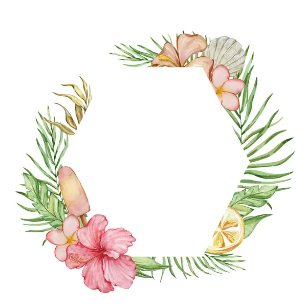 Polygonaler Rahmen Aus Tropischen Aquarellblumen Und Blättern Für Einladungsdesign Und — Stockfoto
