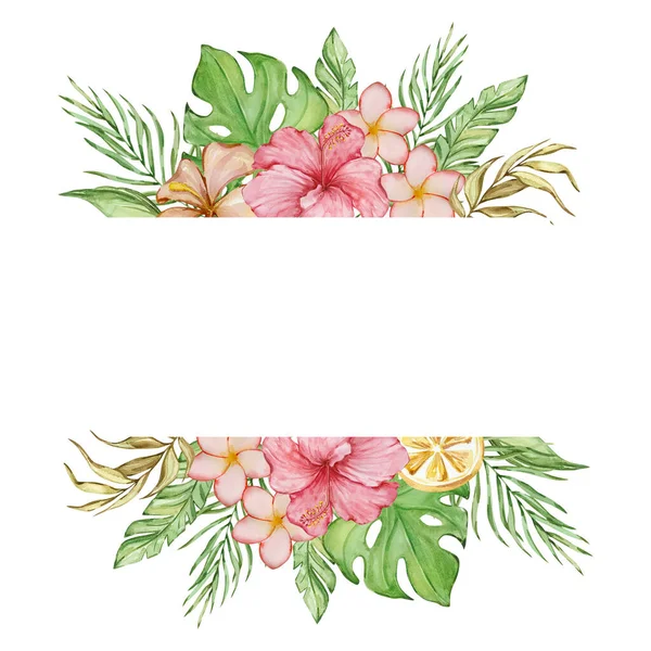 Πλαίσιο Πανό Από Τροπικά Λουλούδια Ακουαρέλα Και Φύλλα Για Σχεδιασμό — Φωτογραφία Αρχείου