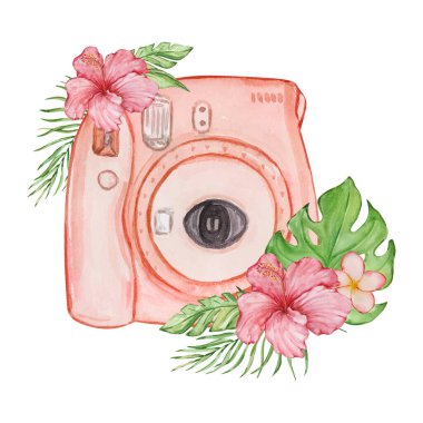 Yaz tasarımı için plaj elementleri ve çiçeklerin suluboya tropikal çizimi