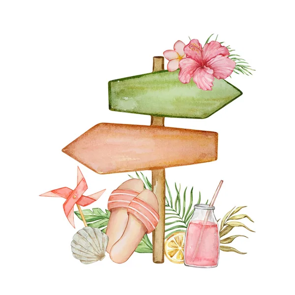 Akvarell Trópusi Illusztrációja Strand Elemek Virágos Nyári Design — Stock Fotó
