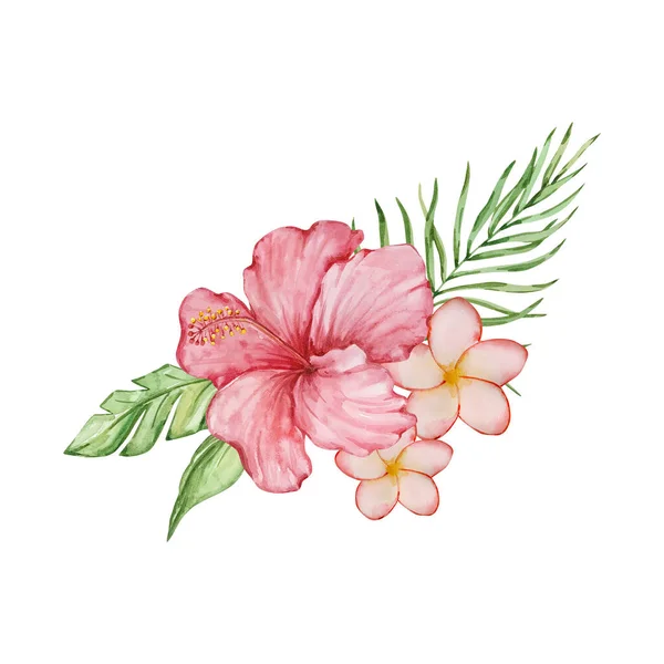 Acuarela Ramo Floral Hojas Tropicales Brillantes Flores Para Diseño Verano — Foto de Stock