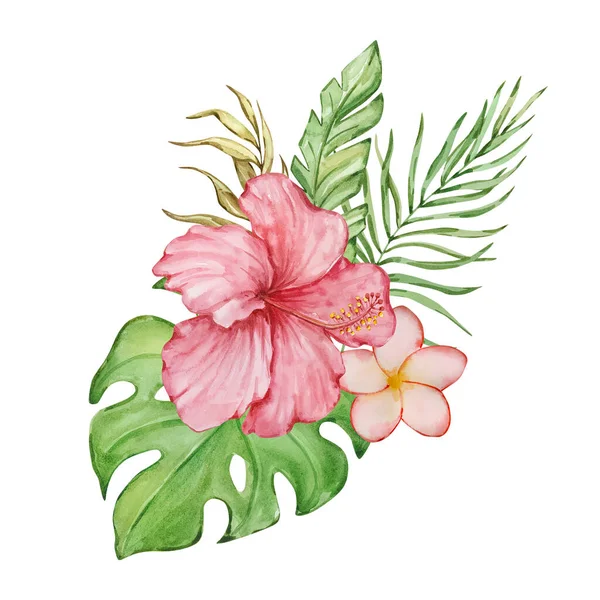 Acuarela Ramo Floral Hojas Tropicales Brillantes Flores Para Diseño Verano — Foto de Stock