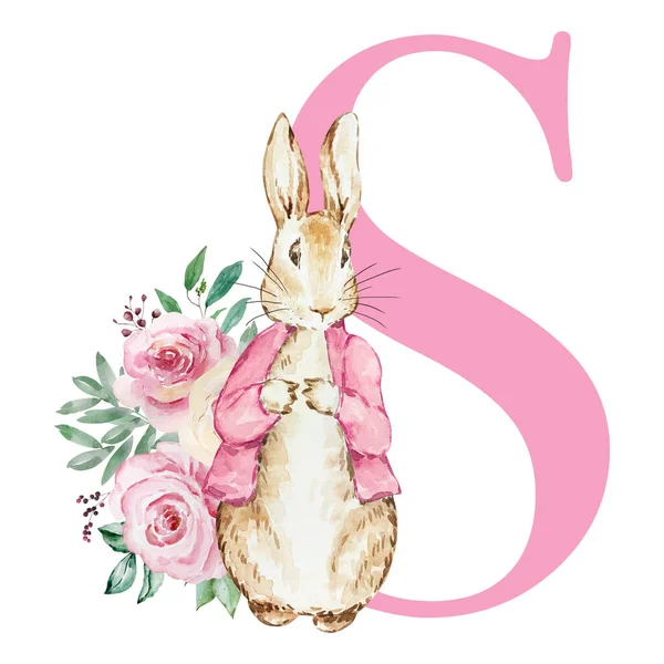 Pink Letter Watercolor Peter Rabbit Flowers Kids Design — Stock Photo, Image