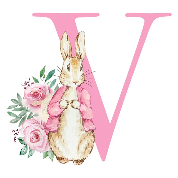 水彩ピーターウサギと子供のための花のピンクの手紙Vデザイン — ストック写真