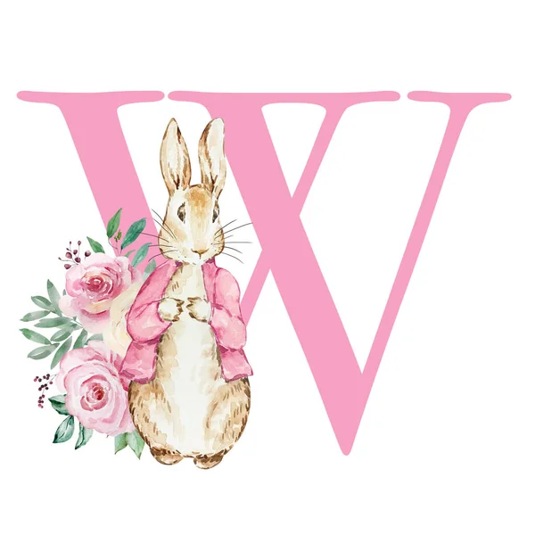 Рожева Літера Акварельним Пітерським Кроликом Квітами Дизайну Дітей — стокове фото