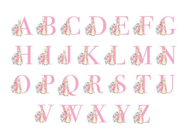 Alfabeto Letras Rosadas Con Acuarela Peter Conejo Flores Para Diseño —  Fotos de Stock
