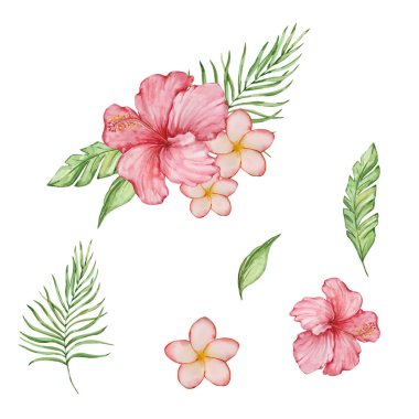 Yaz tasarımı için parlak tropikal yaprakları ve çiçekleri olan suluboya illüstrasyon