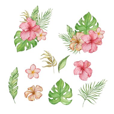 Yaz tasarımı için parlak tropikal yaprakları ve çiçekleri olan suluboya illüstrasyon