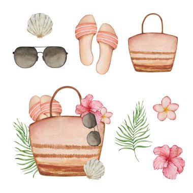 Yaz tasarımı için parlak tropikal yaprakları ve çiçekleri olan suluboya illüstrasyon