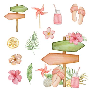 Yaz tasarımı için parlak tropikal yaprakları ve çiçekleri olan suluboya illüstrasyon