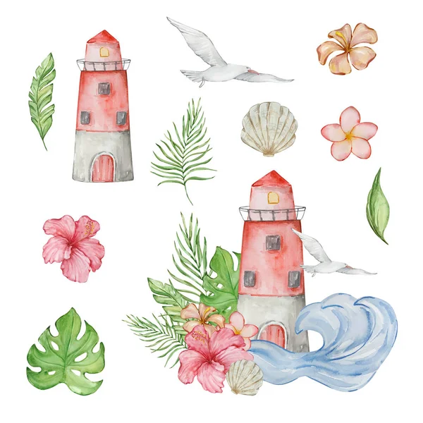 Ilustración Tropical Acuarela Con Hojas Flores Tropicales Brillantes Para Diseño — Foto de Stock