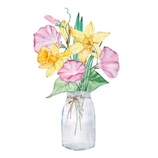 꽃병에 달간의 수채화 꽃다발 인쇄물 디자인 — 스톡 사진