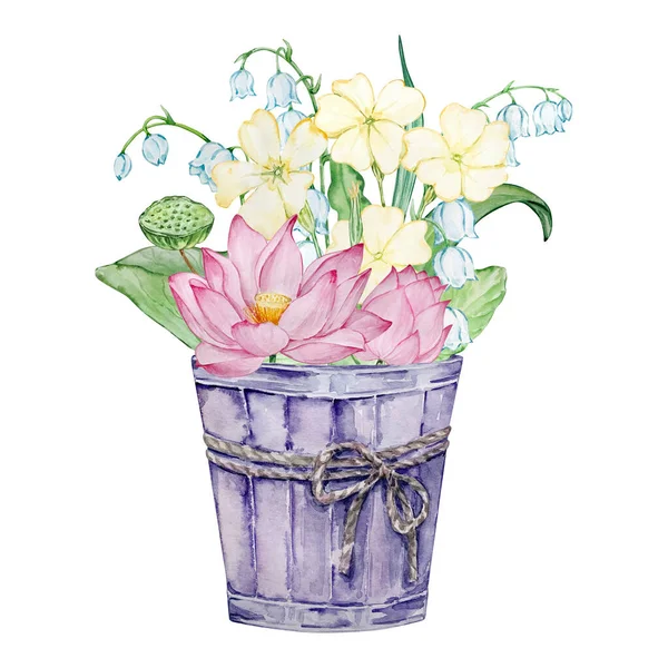花瓶の誕生月の花の水彩花束 プリントとカードのためのデザイン — ストック写真
