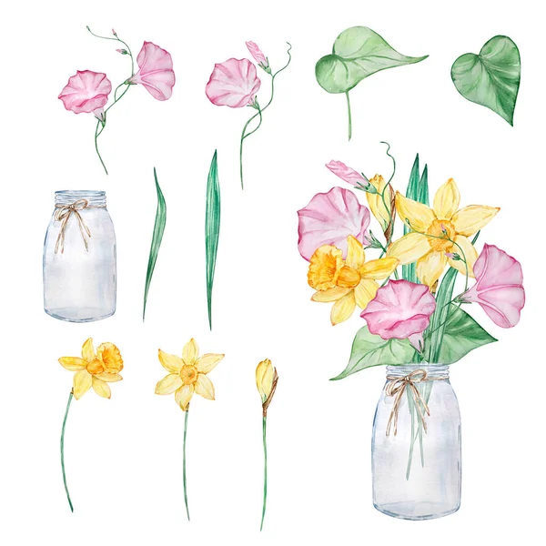 꽃병에 달간의 수채화 꽃다발 인쇄물 디자인 — 스톡 사진
