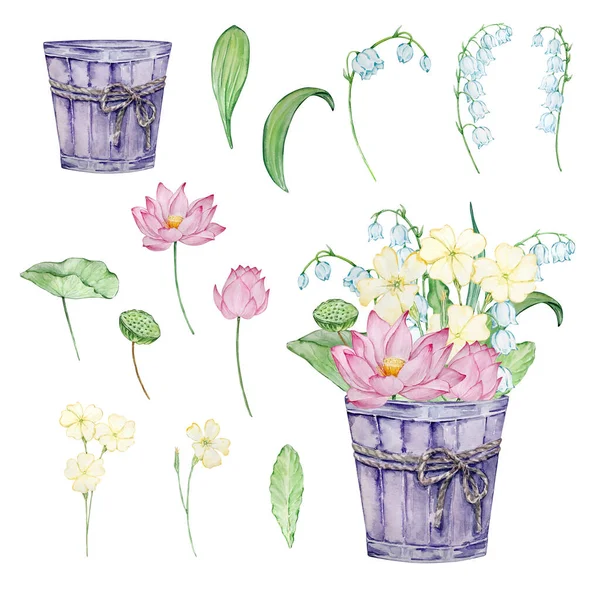 花瓶の誕生月の花の水彩花束 プリントとカードのためのデザイン — ストック写真