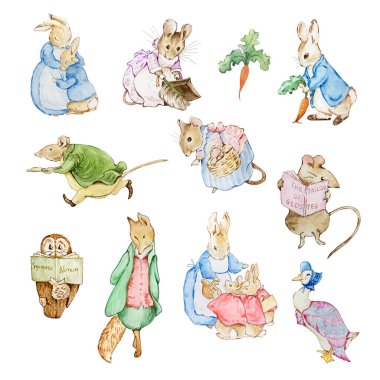 Beatrix Potter 'ın çocuk kitabından uyarlanan suluboya çizim Arkadaşları Peter Rabbit
