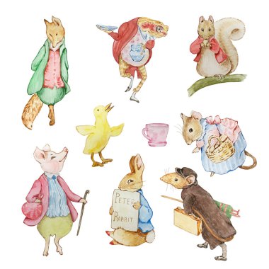 Beatrix Potter 'ın çocuk kitabından uyarlanan suluboya çizim Arkadaşları Peter Rabbit