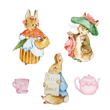 Beatrix Potter 'ın çocuk kitabından uyarlanan suluboya çizim Arkadaşları Peter Rabbit