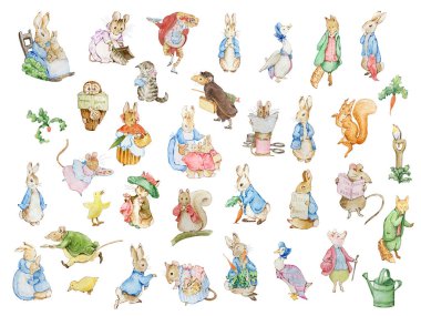 Beatrix Potter 'ın çocuk kitabından uyarlanan suluboya çizim Arkadaşları Peter Rabbit