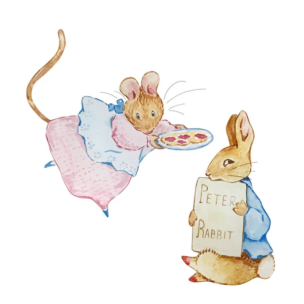 Watercolor illustration Friends Peter Rabbit, based on the children\'s book by Beatrix Potter