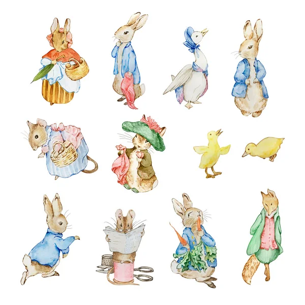 Watercolor Illustration Friends Peter Rabbit Based Children Book Beatrix Potter — стокове фото