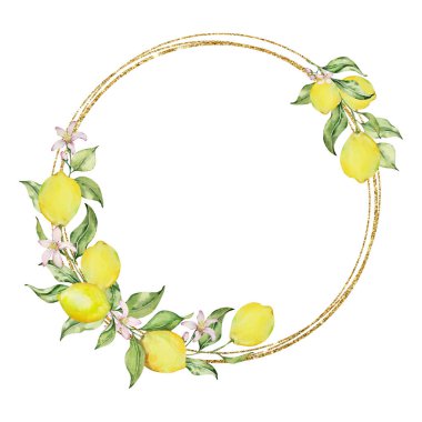 Kağıt ve davetiye tasarımı için suluboya limonlu yuvarlak altın çerçeve.