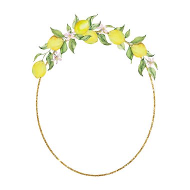 Kağıt ve davetiye tasarımı için suluboya limonlu Oval altın çerçeve