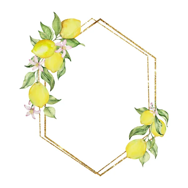 stock image Geometric golden frame with watercolor lemons, for the design of cards and invitations