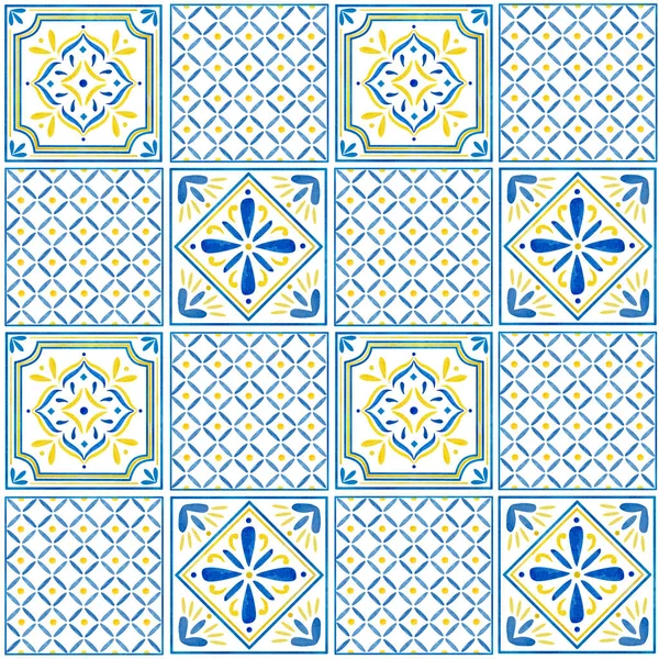 水彩画蓝色意大利瓷砖无缝图案 用于印刷和设计 — 图库照片