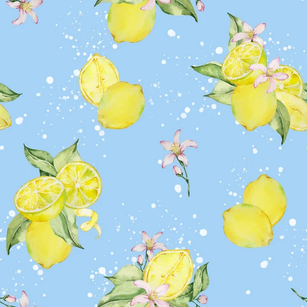 Бесшовный Узор Акварельных Лимонов Листьев Цветов Синем Фоне Печати Дизайна — стоковое фото