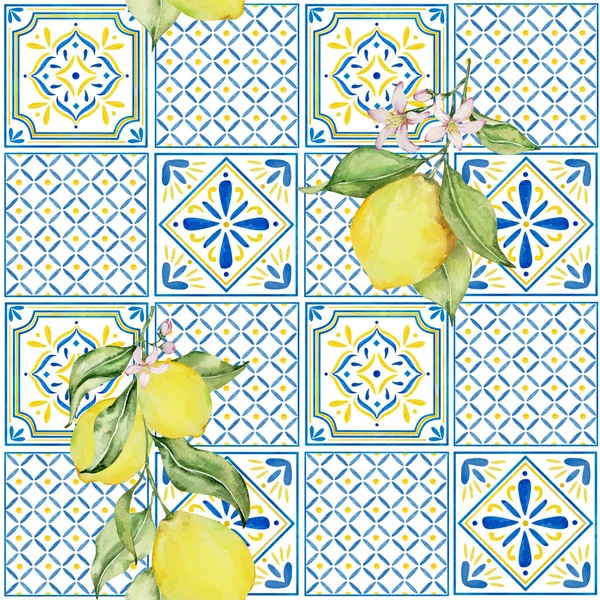 Nahtloses Muster Aus Zitronen Blättern Und Blauen Fliesen Für Druck — Stockfoto