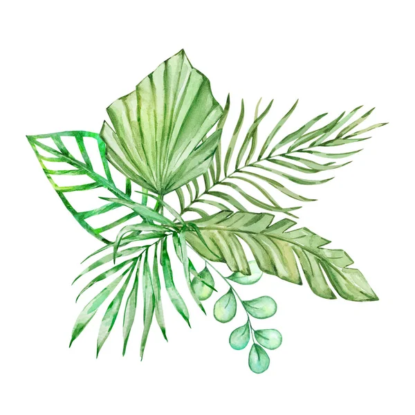 Buquê Aquarela Folhas Tropicais Brilhantes Desenho — Fotografia de Stock
