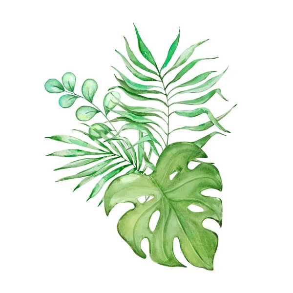 Akvarel Kytice Jasných Tropických Listů Pro Design — Stock fotografie