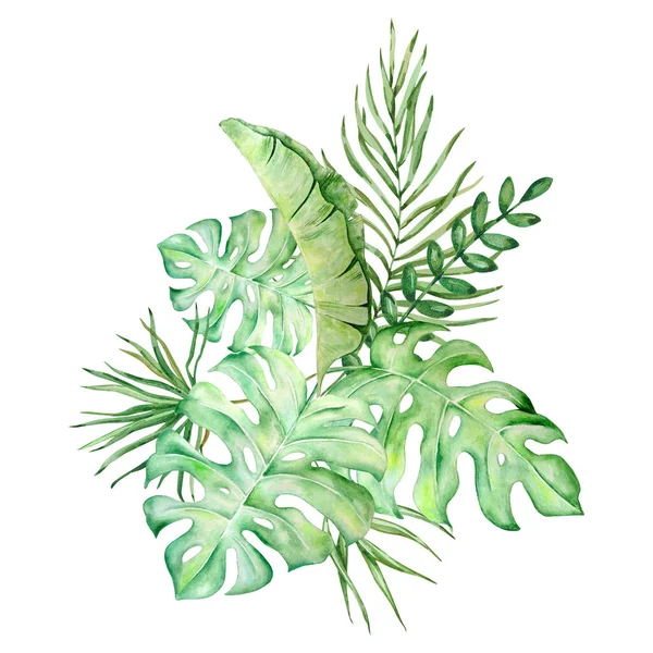 Akvarel Kytice Jasných Tropických Listů Pro Design — Stock fotografie