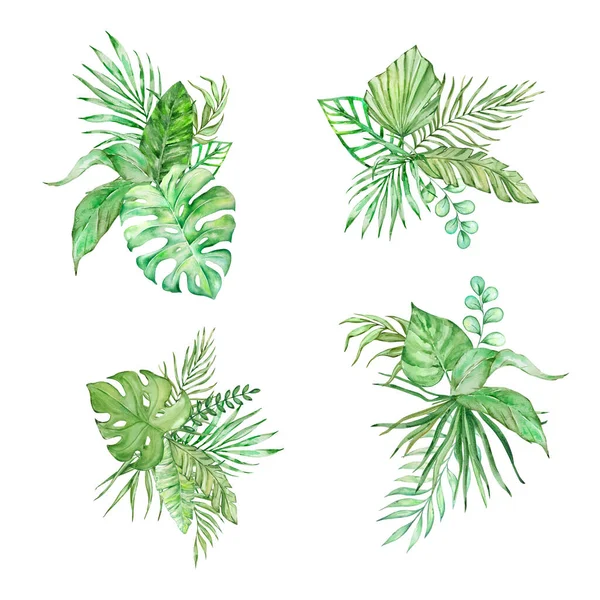 Buquê Aquarela Folhas Tropicais Brilhantes Desenho — Fotografia de Stock